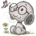 Baby Snoopy with glasses embroidery design featuring a cute, playful Snoopy character in vibrant colors.