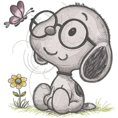 Baby Snoopy with glasses embroidery design featuring a cute, playful Snoopy character in vibrant colors.
