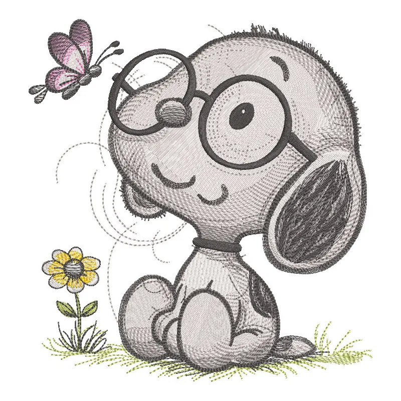 Baby Snoopy with glasses embroidery design featuring a cute, playful Snoopy character in vibrant colors.