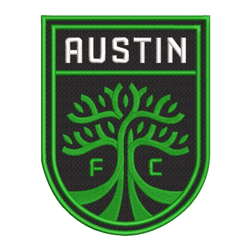 Austin FC logo embroidery design featuring a green and black color scheme with the team's emblem prominently displayed.