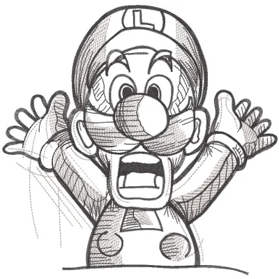Emotional Luigi sketch embroidery design featuring a detailed, expressive Luigi from Super Mario.