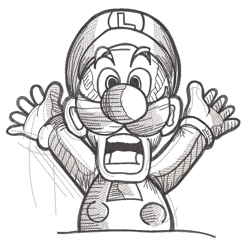 Emotional Luigi sketch embroidery design featuring a detailed, expressive Luigi from Super Mario.