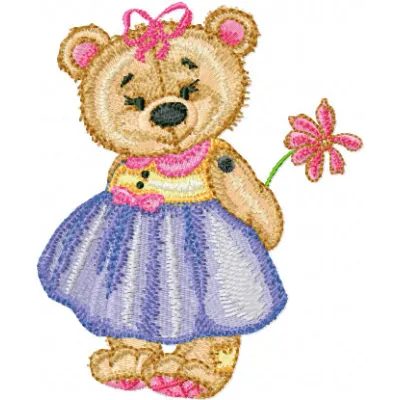 Old Toys Girl Teddy Bear with Flower embroidery design - Embroidery Design