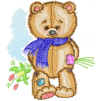 Old Toys Teddy Bear with Bouquet embroidery design - Embroidery Design