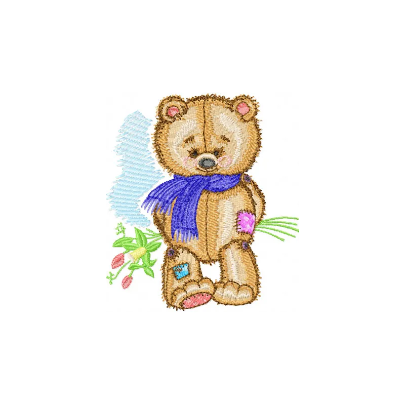 Old Toys Teddy Bear with Bouquet embroidery design - Embroidery Design
