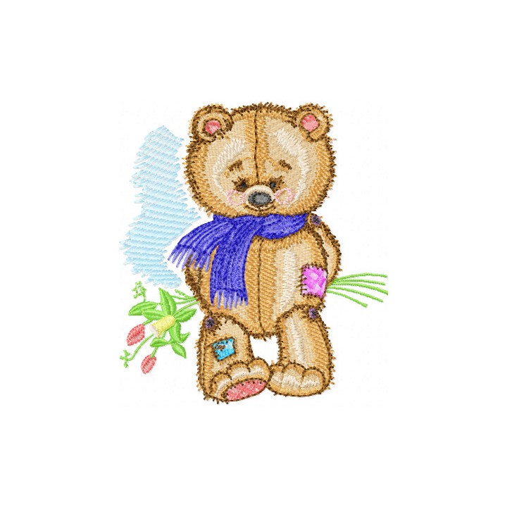 Old Toys Teddy Bear with Bouquet embroidery design - Embroidery Design