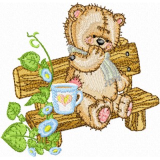 Teddy Bear on the Bench in the Garden embroidery design - Embroidery Design