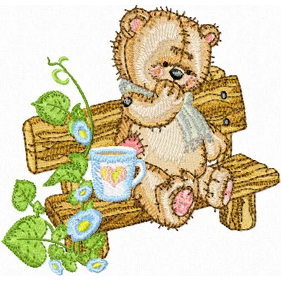 Teddy Bear on the Bench in the Garden embroidery design - Embroidery Design