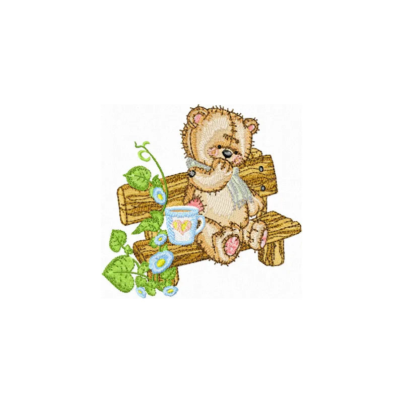 Teddy Bear on the Bench in the Garden embroidery design - Embroidery Design