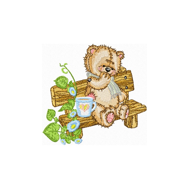 Teddy Bear on the Bench in the Garden embroidery design - Embroidery Design