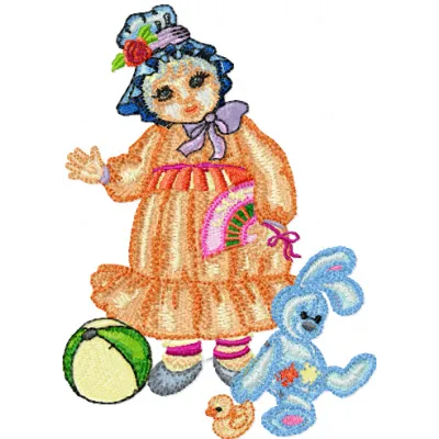 Doll with Toys Embroidery Design - Nostalgic Stitching