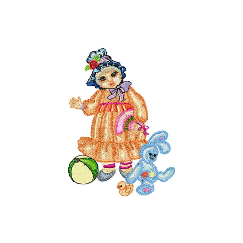 Doll with Toys Embroidery Design - Nostalgic Stitching
