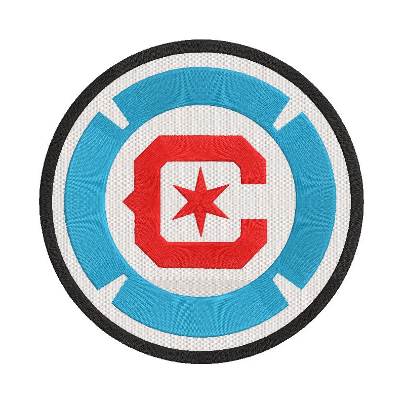 Chicago Fire Football Club logo embroidered design featuring vibrant colors and intricate details on fabric.