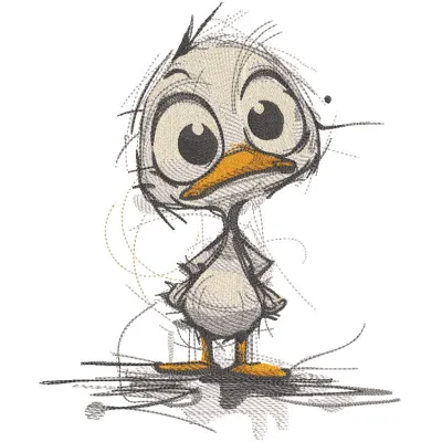 Brave Duckling sketch embroidery design featuring a cute, whimsical duckling in a playful pose on a soft background.