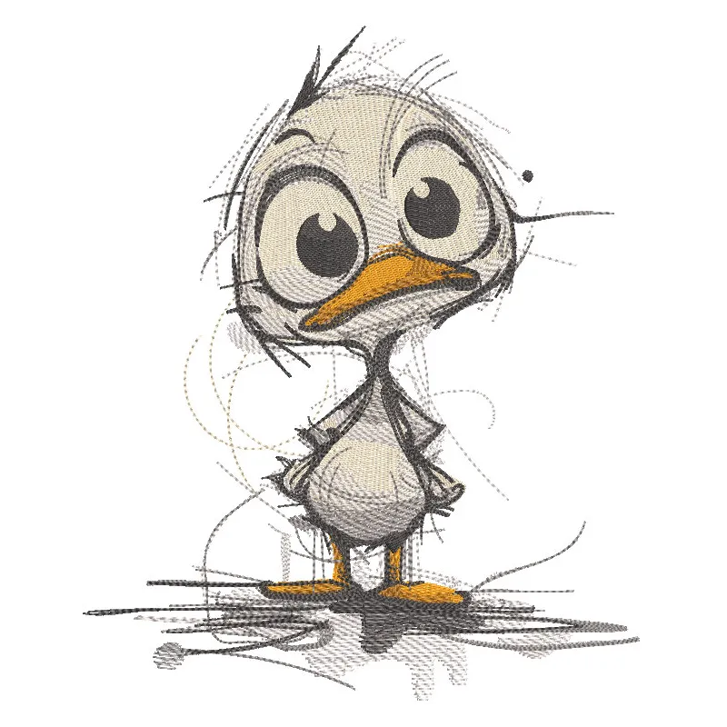 Brave Duckling sketch embroidery design featuring a cute, whimsical duckling in a playful pose on a soft background.