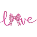 Love inscription with a bow embroidery design on a soft fabric, ideal for Valentine's Day gifts.