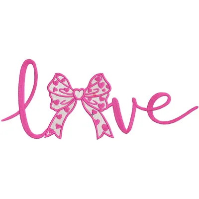 Love inscription with a bow embroidery design on a soft fabric, ideal for Valentine's Day gifts.