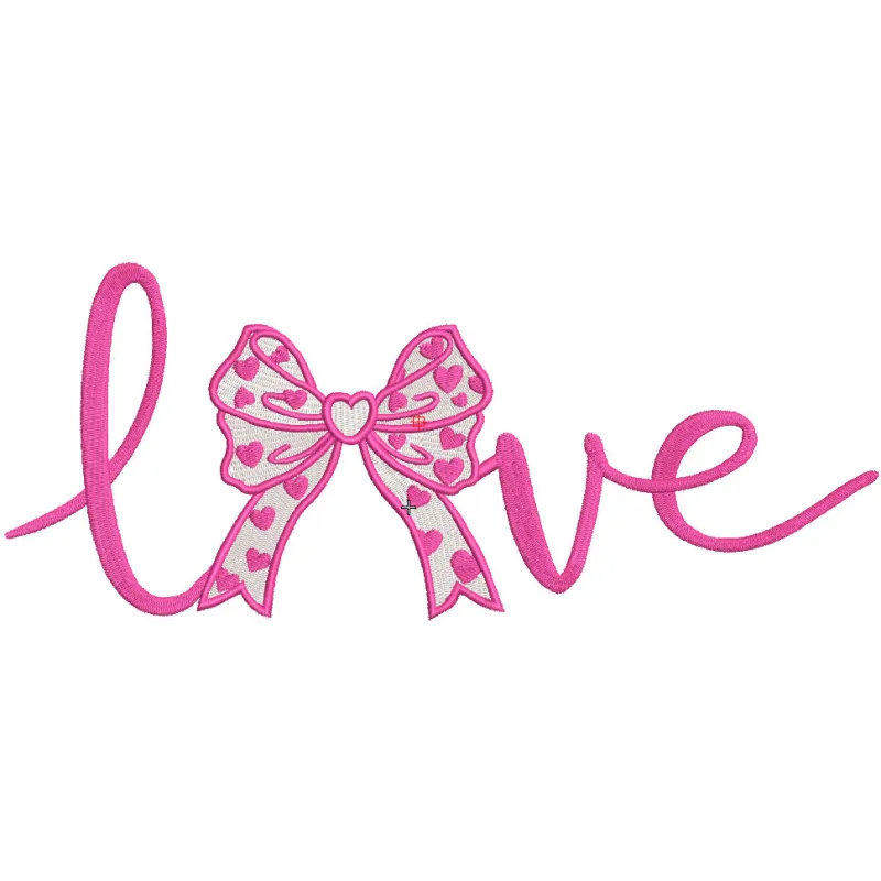 Love inscription with a bow embroidery design on a soft fabric, ideal for Valentine's Day gifts.
