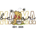 Winnie Pooh mama bear embroidery design featuring a cute bear with honey, surrounded by Piglet and Tigger.