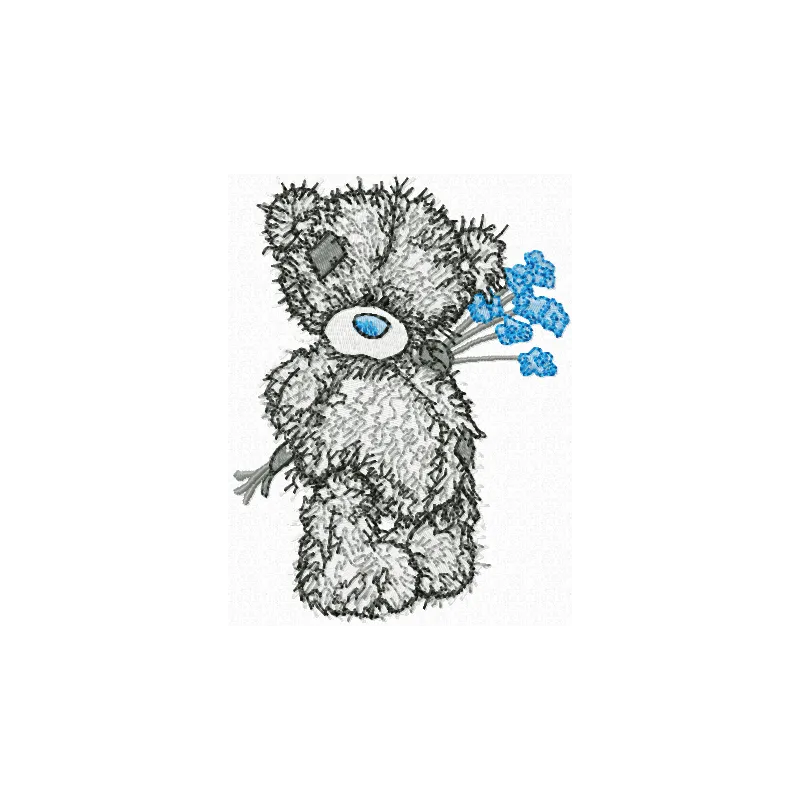 Teddy Bear with blue flower embroidery design - Embroidery Design