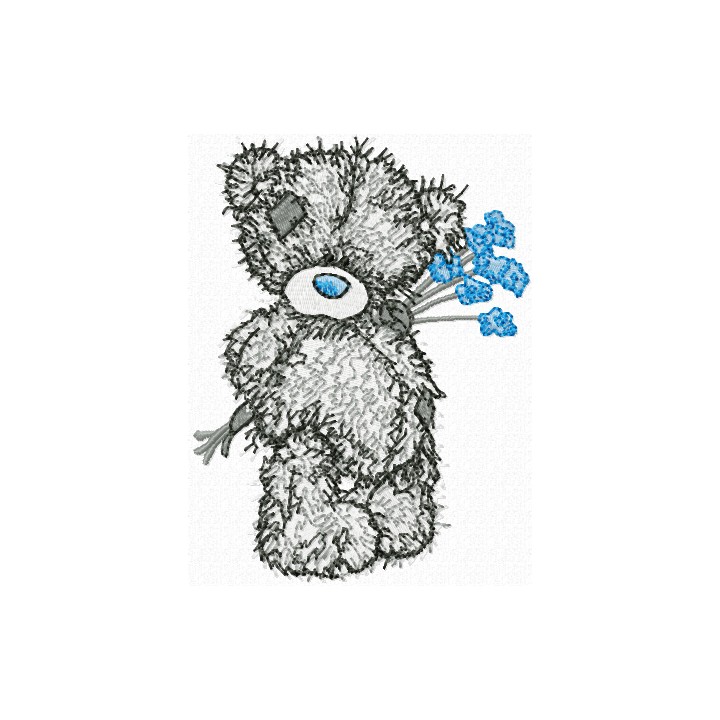 Teddy Bear with blue flower embroidery design - Embroidery Design