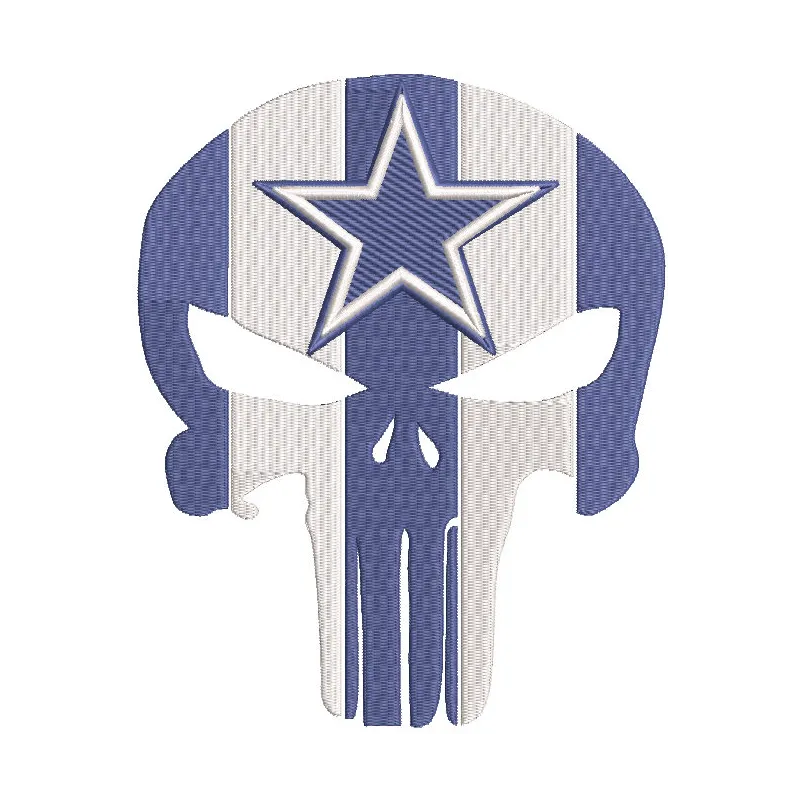 Dallas Cowboys Punisher embroidery design featuring a bold skull logo with team colors and intricate stitching details.