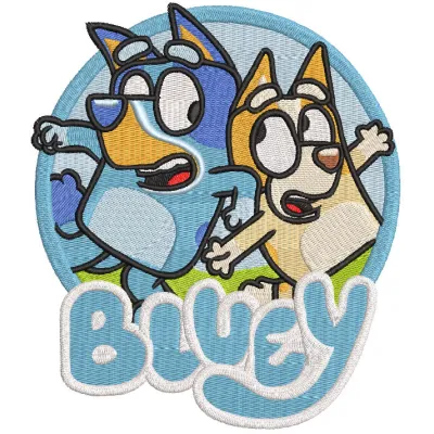 Embroidery design featuring Badge Bluey and Bingo, showcasing vibrant colors and playful characters.