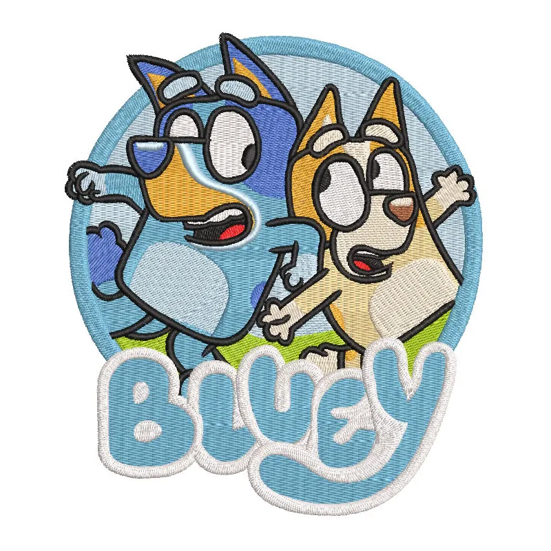 Embroidery design featuring Badge Bluey and Bingo, showcasing vibrant colors and playful characters.