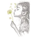 Girl blowing on a dandelion embroidery design, showcasing delicate thread work and vibrant colors.