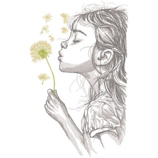 Girl blowing on a dandelion embroidery design - Embroidery Design