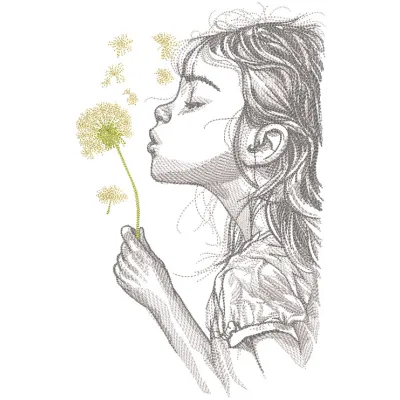 Girl blowing on a dandelion embroidery design, showcasing delicate thread work and vibrant colors.