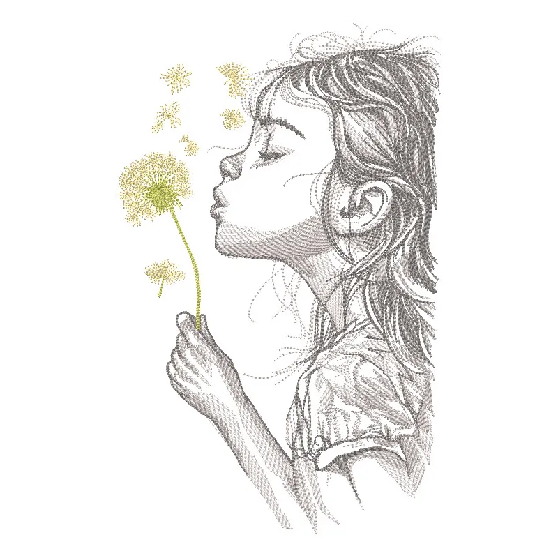 Girl blowing on a dandelion embroidery design, showcasing delicate thread work and vibrant colors.