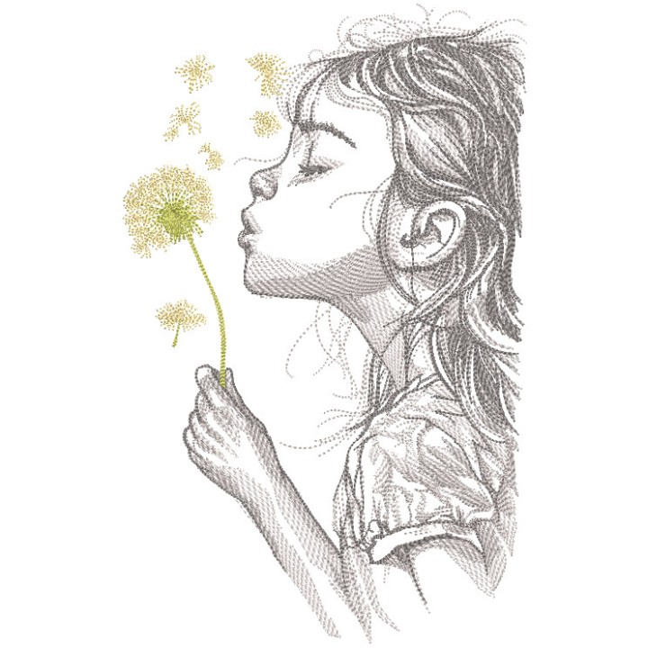 Girl blowing on a dandelion embroidery design - Embroidery Design