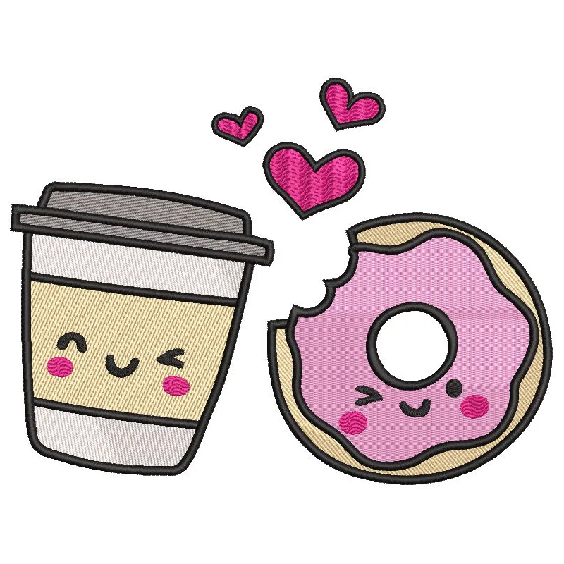 Embroidery design featuring a glass of coffee and a donut, showcasing intricate stitching details.