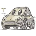 Detailed embroidery design sketch of a Tesla Model Y car, showcasing its sleek lines and modern features.