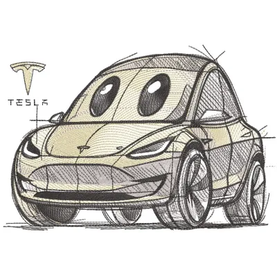 Detailed embroidery design sketch of a Tesla Model Y car, showcasing its sleek lines and modern features.
