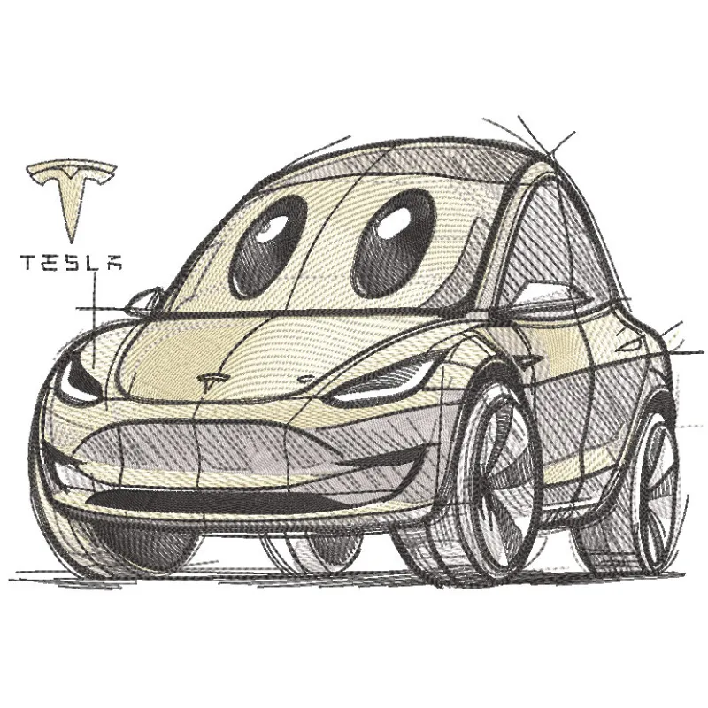 Detailed embroidery design sketch of a Tesla Model Y car, showcasing its sleek lines and modern features.