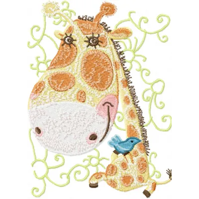 Charming Giraffe with Small Bird Embroidery Design