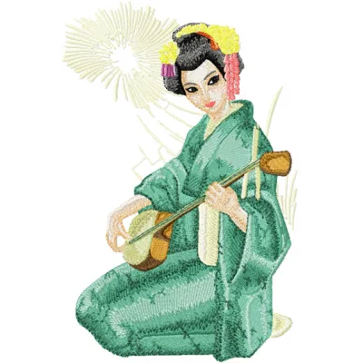 Geisha with Musical Instrument  embroidery design - Embroidery Design