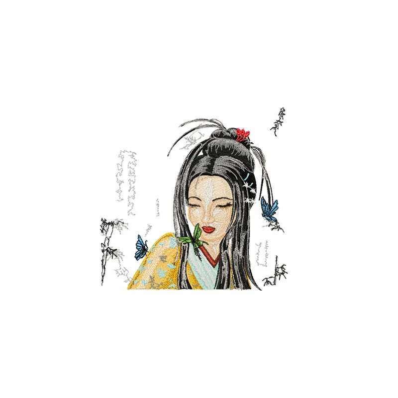 Geisha with Small Butterfy embroidery design - Embroidery Design