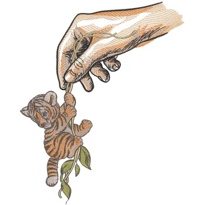 Hand embroidery design featuring a tiger cub playfully resting on a liana, showcasing intricate stitching details.