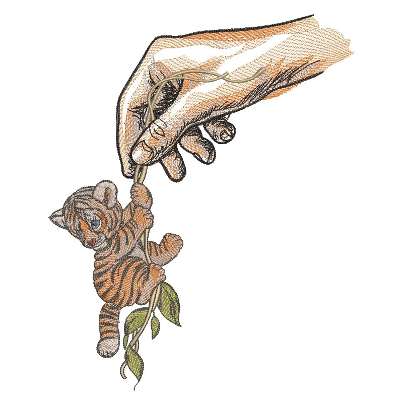 Hand embroidery design featuring a tiger cub playfully resting on a liana, showcasing intricate stitching details.