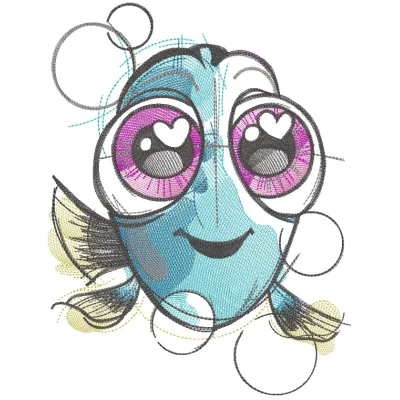 Dory sketch embroidery design featuring a detailed outline of the beloved character from Finding Nemo.