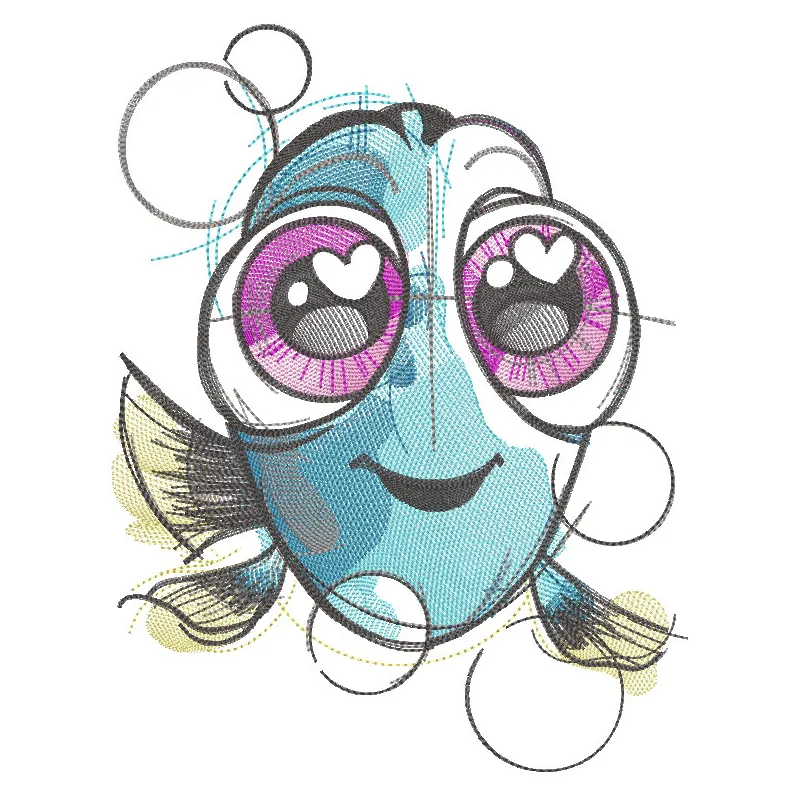 Dory sketch embroidery design featuring a detailed outline of the beloved character from Finding Nemo.