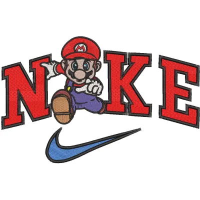 Nike running Mario logo embroidery design showcasing vibrant colors and detailed stitching on fabric.