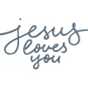 Embroidery design featuring the inscription 'Jesus loves you' in elegant lettering on a textured fabric.
