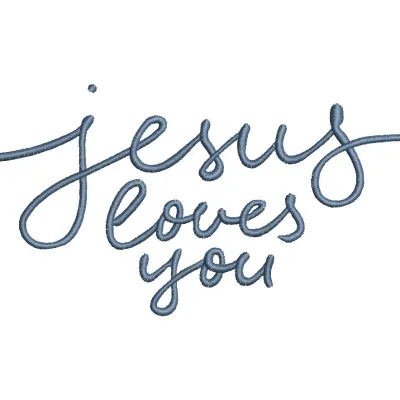 Embroidery design featuring the inscription 'Jesus loves you' in elegant lettering on a textured fabric.