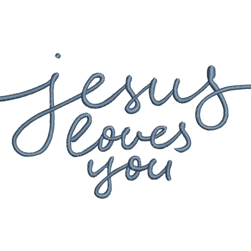 Embroidery design featuring the inscription 'Jesus loves you' in elegant lettering on a textured fabric.