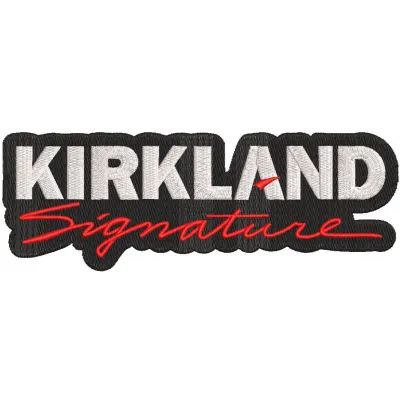 Kirkland Signature logo embroidery design featuring bold lettering on a textured fabric background.