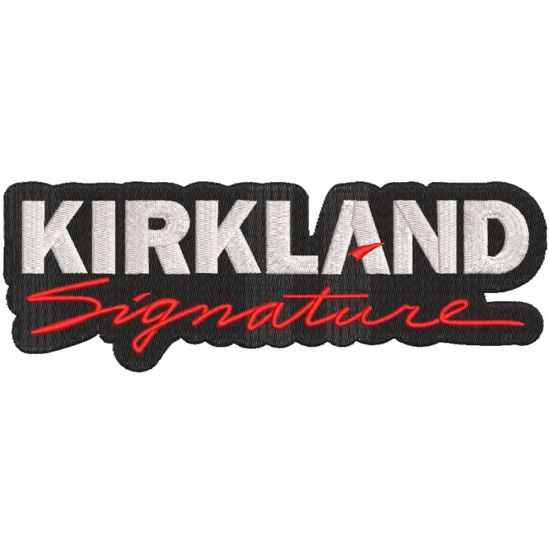 Kirkland Signature logo embroidery design featuring bold lettering on a textured fabric background.